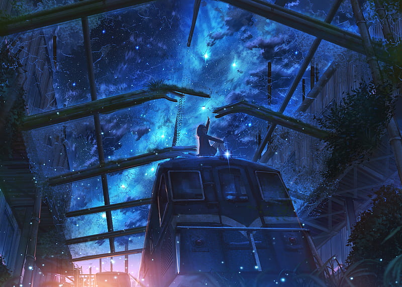 anime starry sky, night, train, anime girl, scenic, Anime, HD wallpaper
