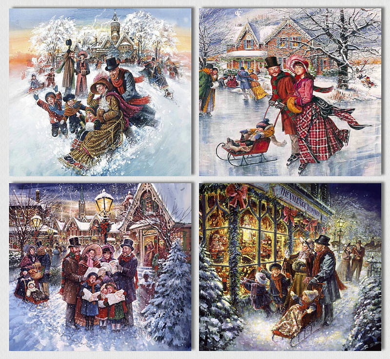 A Victorian Christmas, christmas, victorian, sled, winter, snow, shops, ice, carols, toys, skating, HD wallpaper