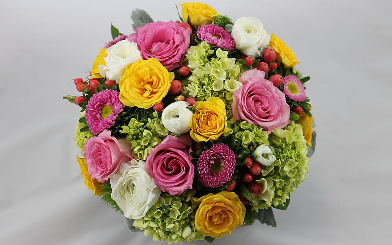 wedding bouquet, yellow roses, pink asters, bouquet of brides, pink roses, hydrangeas, HD wallpaper