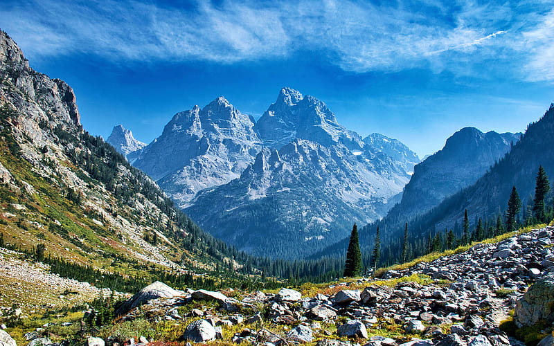 North Fork of Cascade Canyon, Grand Teton National Park, Wyoming, peaks, stones, sky, mountains, usa, HD wallpaper