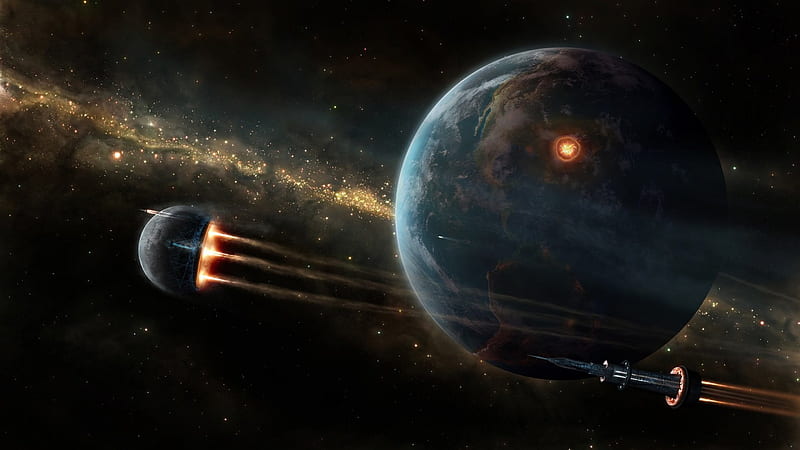 Decampment 2, planets, CGI, Earth, graphics, explosions, spaceships, galaxies, HD wallpaper
