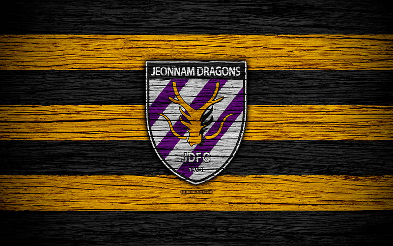 Jeonnam Dragons , K League 1, wooden texture, South Korean Football Club, logo, yellow black lines, Gwangyang, South Korea, football, HD wallpaper