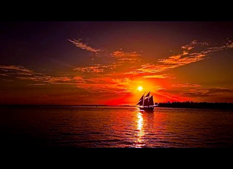 Sailing In The Sunset, Ship, Black, Red, Sunset, HD wallpaper