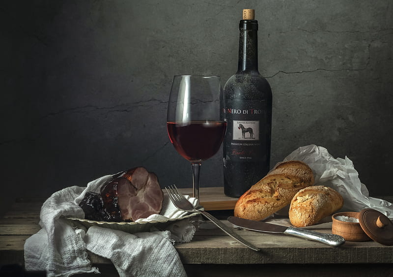 Food, Still Life, Bottle, Bread, Glass, Ham, Wine, HD wallpaper