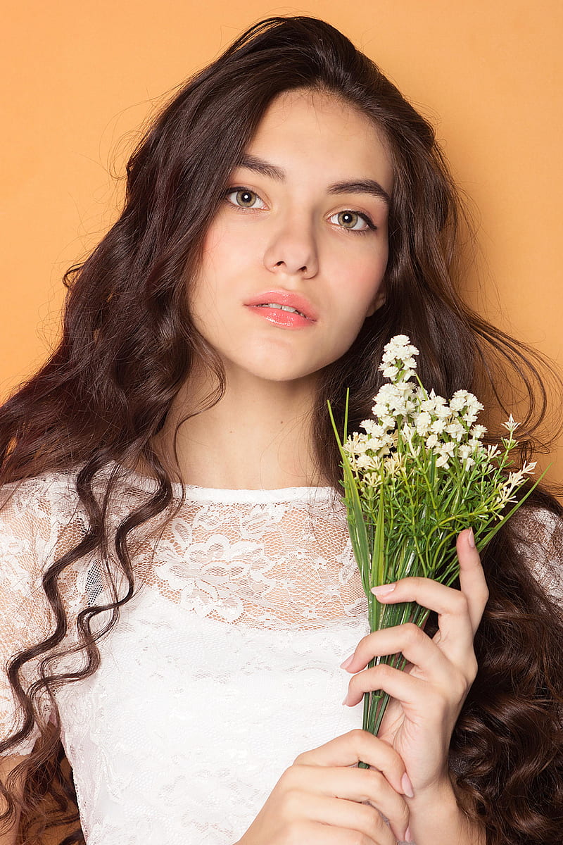 4k Free Download Women Ukrainian Brunette White Dress Hazel Eyes Flowers Long Hair