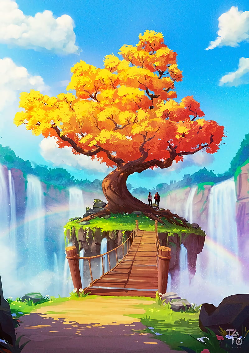 bridge, tree, waterfall, cliff, art, HD phone wallpaper