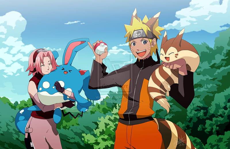 Naruto and Sakura the pokemon trainers, sakura, naruto, furret, anime, azumarill, pokemon, HD wallpaper