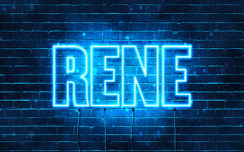 Rene with names, horizontal text, Rene name, Happy Birtay Rene, blue neon lights, with Rene name, HD wallpaper