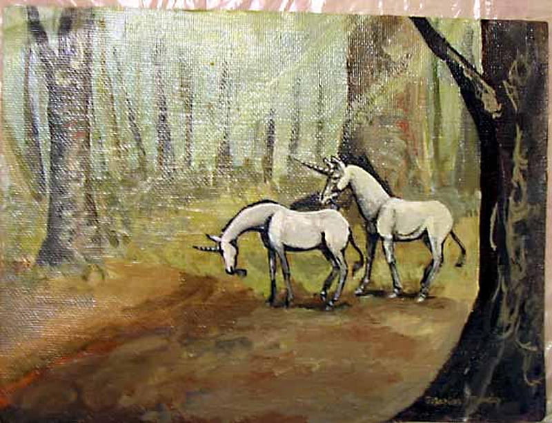 Wooded Unicorns, woods, painting, trees, unicorns, horses, other, HD wallpaper
