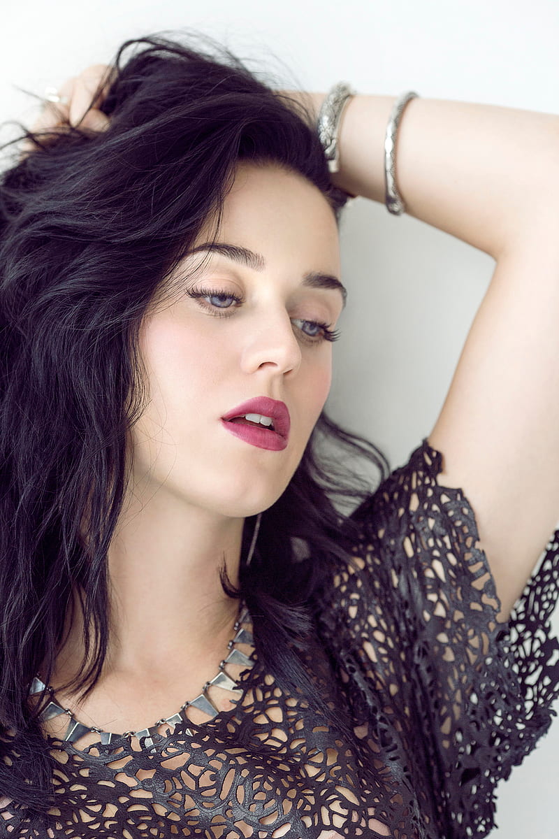Katy Perry, women, singer, brunette, long hair, dark hair, blue eyes, simple background, HD phone wallpaper