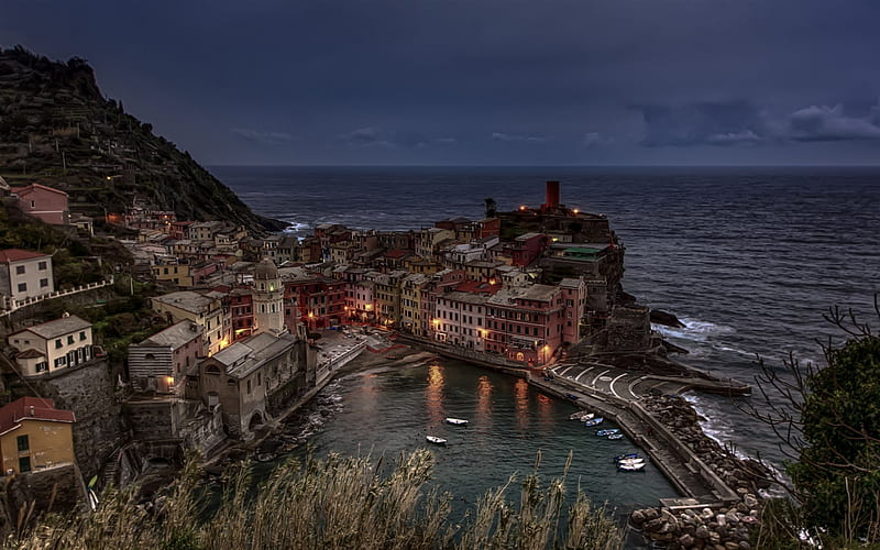 Vernazza, Cinque Terre, night, Mediterranean Sea, coast, seascape, mountains, Spezia, Italy, HD wallpaper
