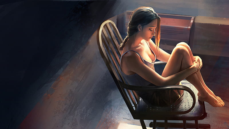 Alone Girl Sitting On Bench, alone, sad, artist, artwork, artstation, HD wallpaper