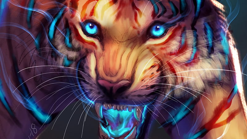 Tiger, blue, fantasy, orange, luminos, minea juntura, tigru, eyes, HD wallpaper