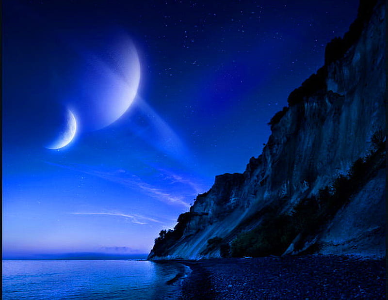 Closer, beach, stars, ocean, cliff, sky, blue, night, HD wallpaper