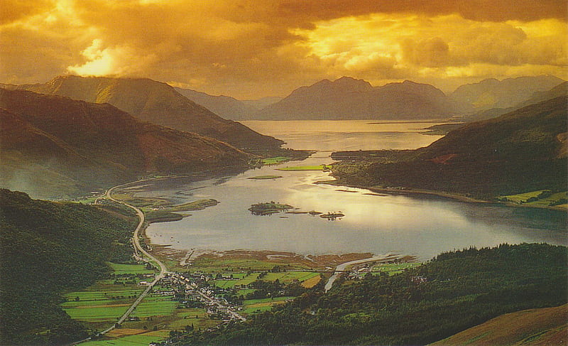 Glencoe Village and Loch Leven, glencoe, loch leven, mountains, highlands, village, scotland, classic, HD wallpaper