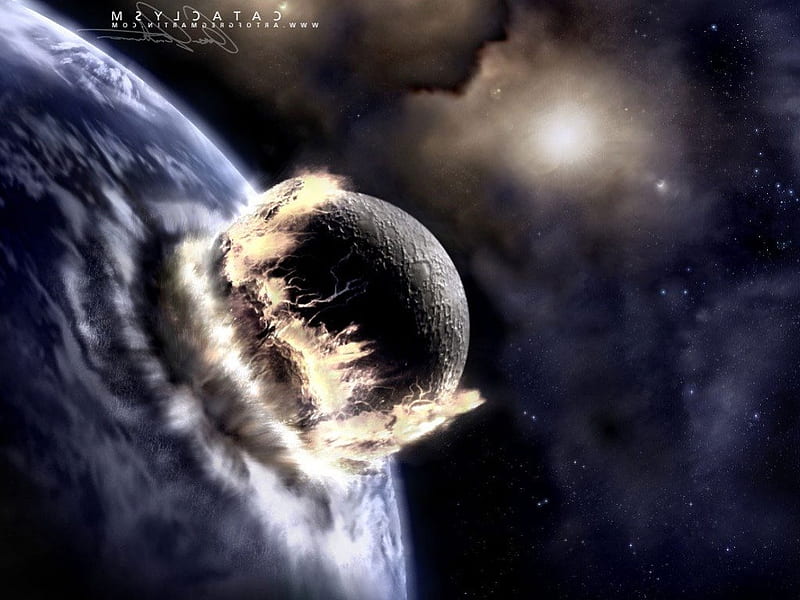 Cataclysm, the moon into earth, collision, moon into earth, HD wallpaper