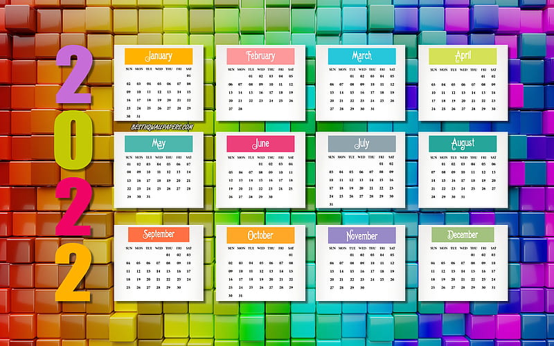 2022 Calendar, 3d colorful background, 2022 all months calendar, 3d mosaic,...
