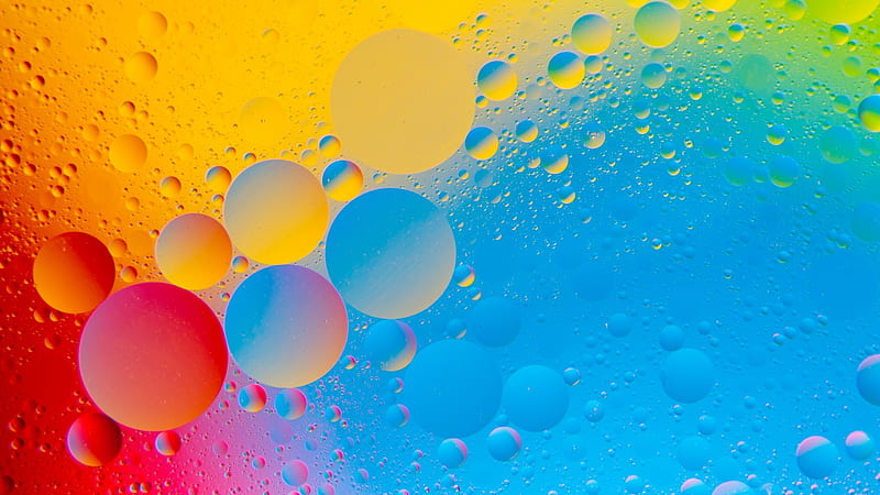 Water drops in oil, red, vara, oil, green, water drops, summer, yellow, blue, HD wallpaper