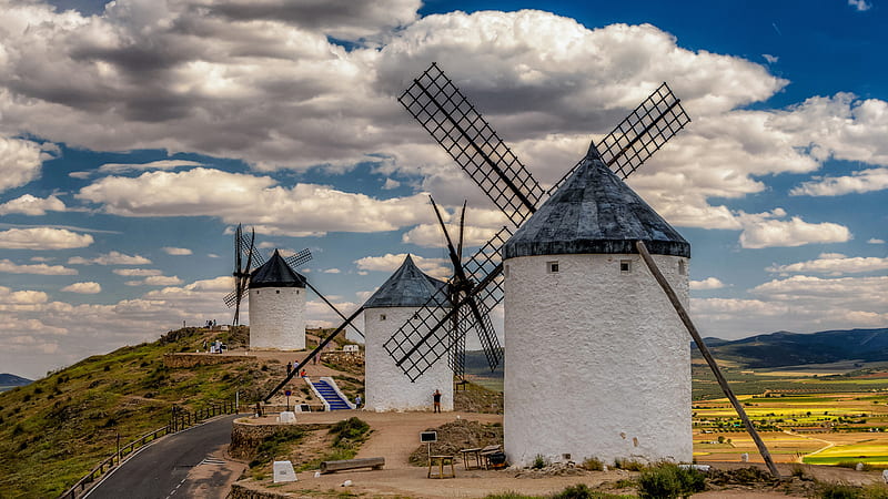 People Are Standing Near White Windmill Under Cloudy Blue Sky Travel, HD wallpaper