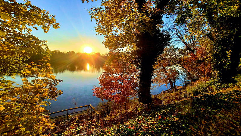 Autumn near Titusville, New Jersey, sun, leaves, usa, colors, river ...