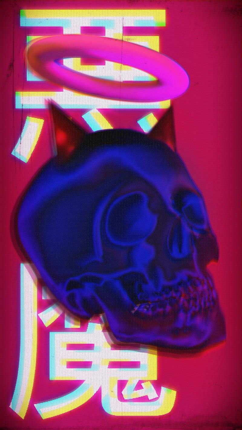 Demon skull , anime, blue, devil, horror, japanese, pink, skulls, HD phone wallpaper