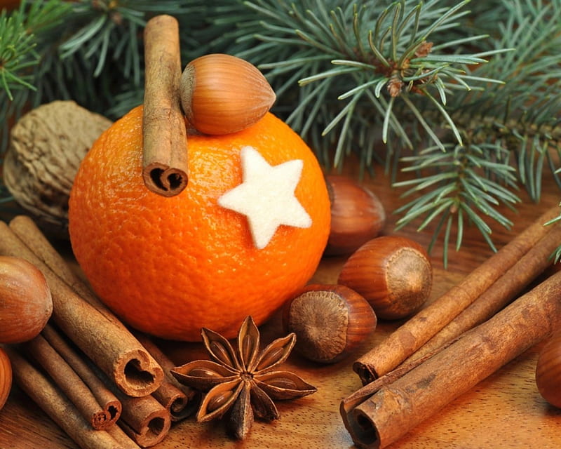Holiday Spirit, Christmas, orange, holiday, food, evergreen, cinnamon, fruit, nuts, nut, star, HD wallpaper