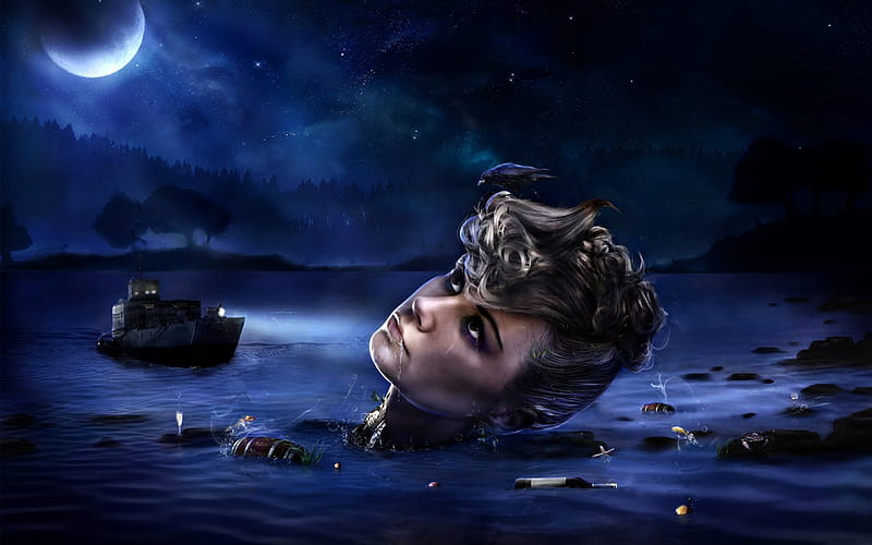 Shipwreck, head, creative, woman, situation, sea, fantasy, moon, water, girl, blue, night, HD wallpaper