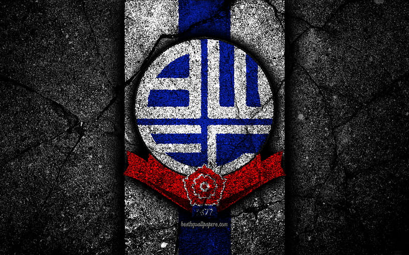 Bolton FC, logo, EFL Championship, black stone, football club, England, Bolton, soccer, emblem, asphalt texture, FC Bolton, HD wallpaper