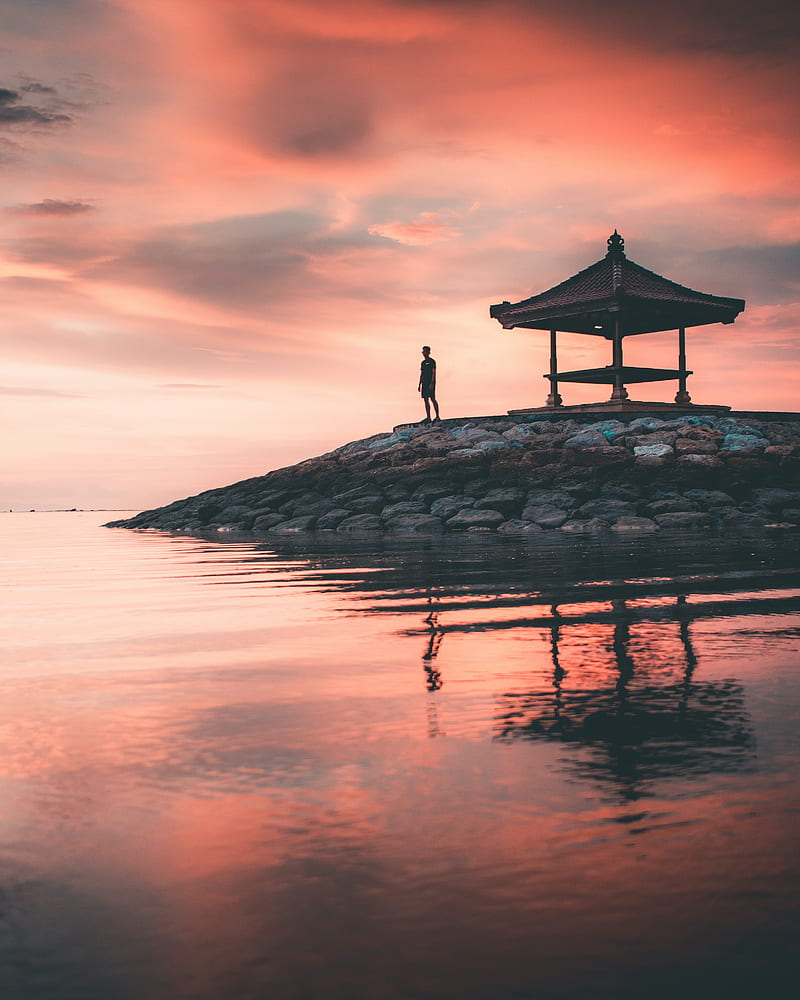 man, alone, water, gazebo, shore, sunset, HD phone wallpaper