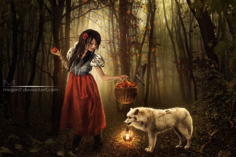Red Riding hood and a not bad wolf, forest, fantasy, red riding, wolf, lady, HD wallpaper