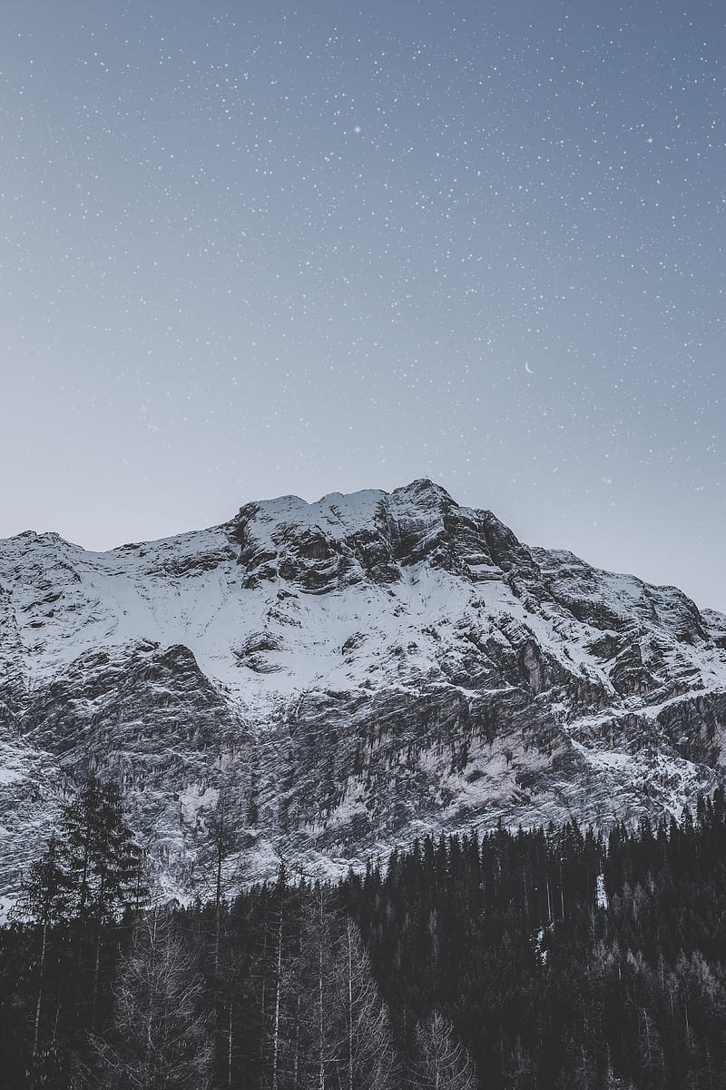 mountain, peak, snowy, stars, snowfall, sky, HD phone wallpaper