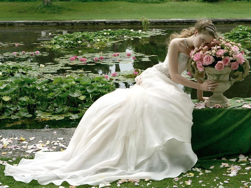 Bride with pink roses, flowers, leaves, water, white dress, HD ...