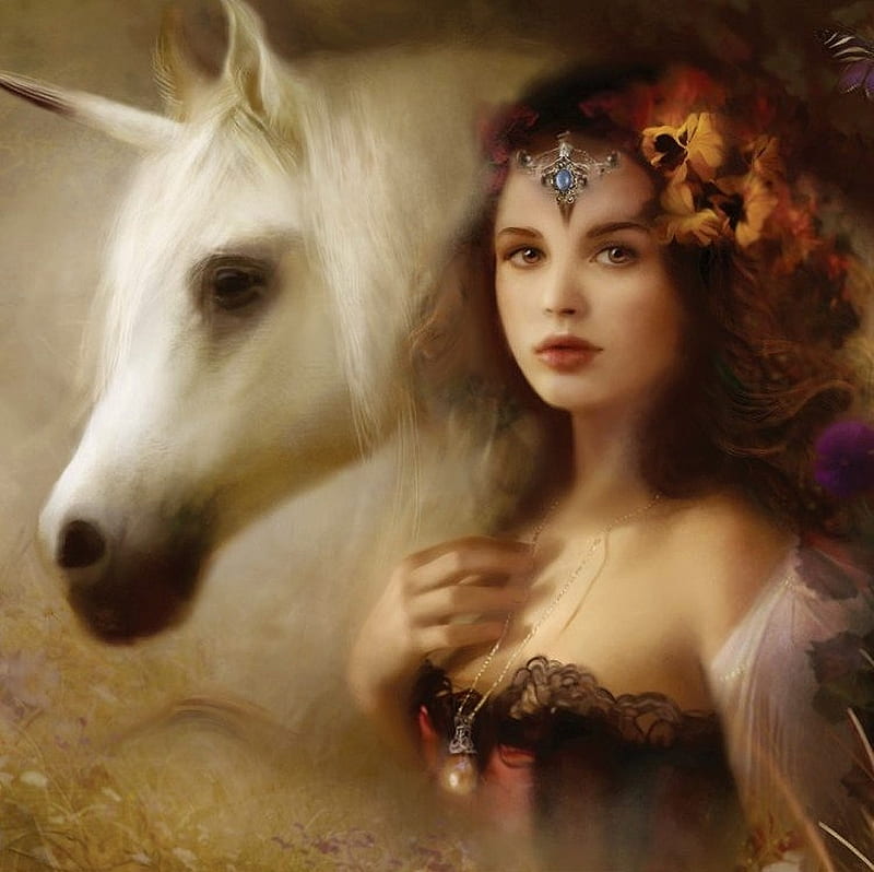 Girl and unicorn, art, fantasy, luminos, girl, bente schlick, unicorn, white, horse, HD wallpaper