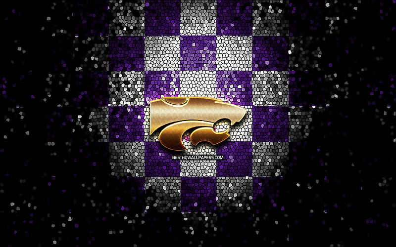 Kansas State Wildcats, glitter logo, NCAA, violet white checkered background, USA, american football team, Kansas State Wildcats logo, mosaic art, american football, America, HD wallpaper