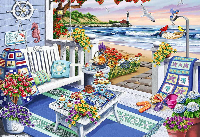 Seaside Sunshine, waves, painting, flowers, beach, cabin, bench, sea, table, lighthouse, birds, HD wallpaper