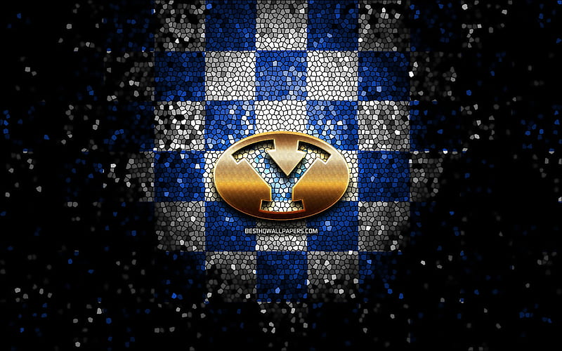 Brigham Young Cougars, glitter logo, NCAA, blue white checkered background, USA, american football team, Brigham Young Cougars logo, mosaic art, american football, America, HD wallpaper