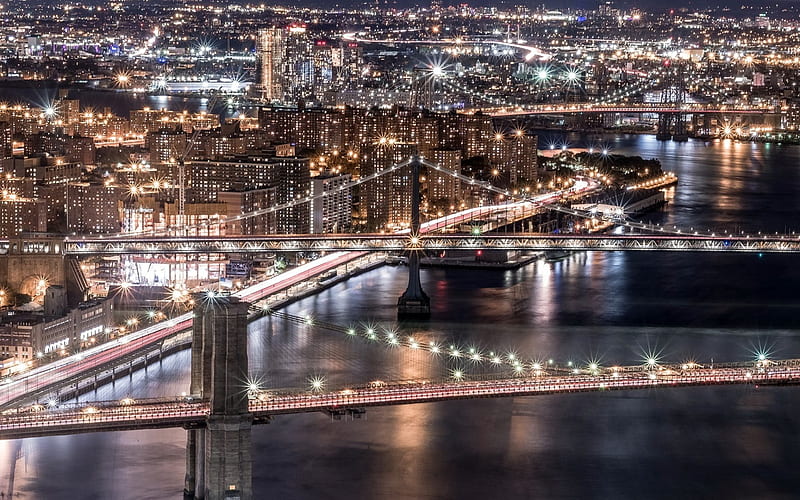 night, New York, Brooklyn, Williamsburg Bridges, Manhattan, HD wallpaper