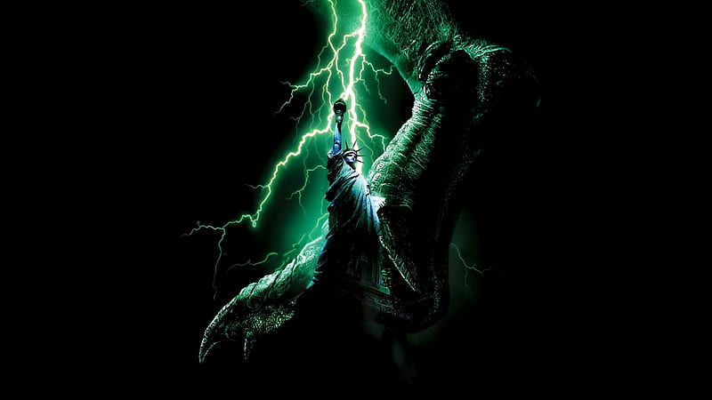 Godzilla Foot Near Statue Of Liberty With Black Background And Green Lightning Movies, HD wallpaper