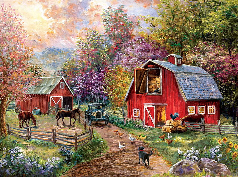 Barnyard visit, fence, painting, poultry, trees, artwork, barn, horses, dog, HD wallpaper