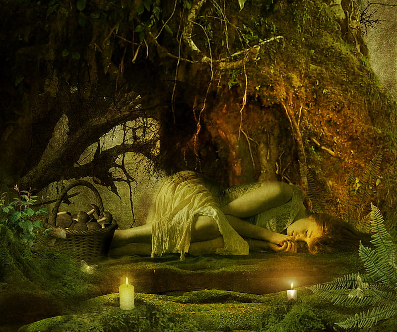 The Resting Tree, art, fairy, fairy tale, fantasy, forest, woman, HD wallpaper