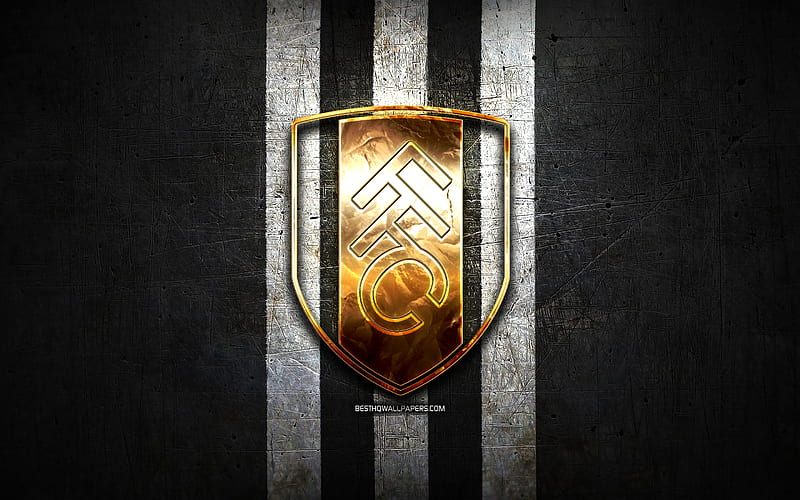 Fulham FC, golden logo, EFL Championship, black metal background, football, Fulham, english football club, Fulham logo, soccer, England, HD wallpaper