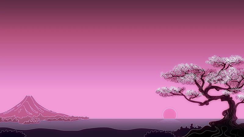 Sunrise, cherry blossom, sakura, luminos, spring, sea, mountain, water, japan, tree, fantasy, morning, HD wallpaper