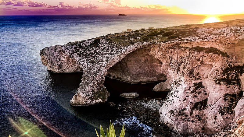 Malta, Blue Grotto, rocks, sunset, sky, coast, mediterranean, HD wallpaper
