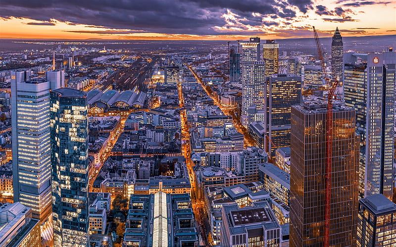 Frankfurt am Main, evening, skyscrapers, modern buildings, cityscape, train station, Hesse, Germany, HD wallpaper