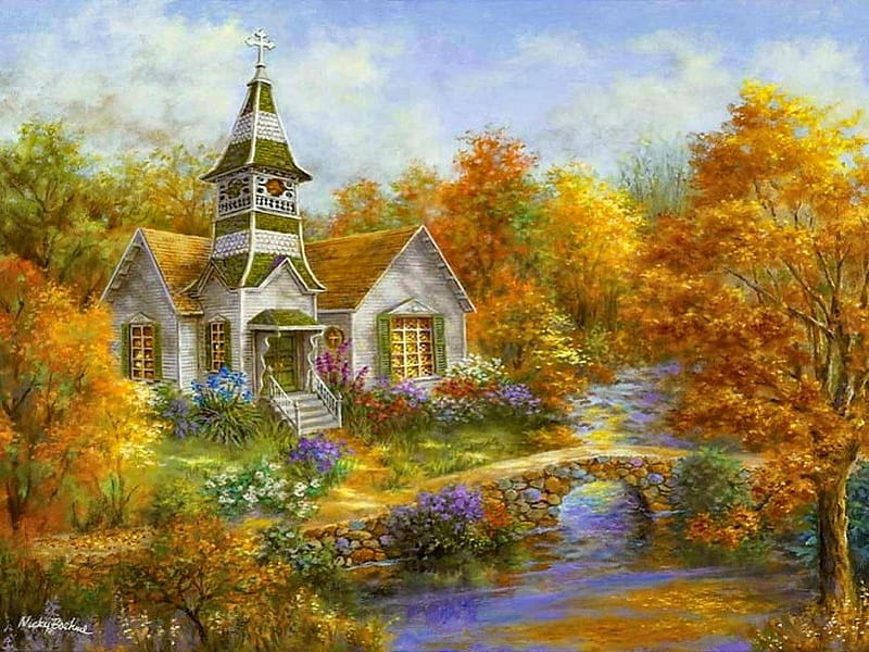 Lovely cottage, autumn, view, cottage, bonito, church, tree, splendor, bridge, love, peaceful, color, river, HD wallpaper Lovely cottage, autumn, view, cottage, bonito, church, tree, splendor, bridge, love, peaceful, color, river, HD wallpaper