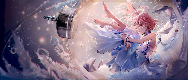 fallen angel, anime girl, pink hair, dress, angel ring, Anime, HD wallpaper