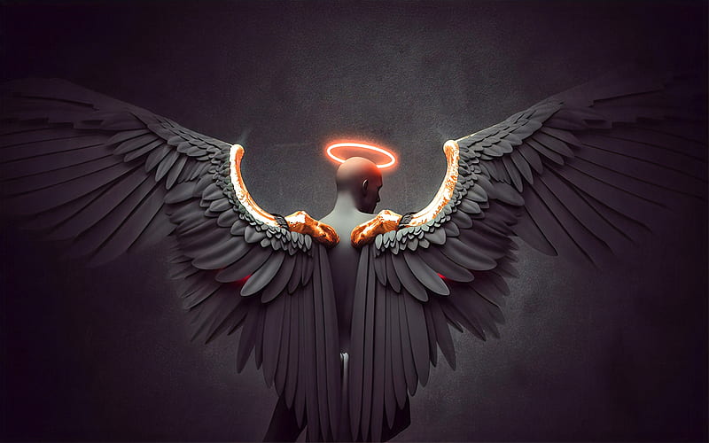 Angel, hotamr, wings, fantasy, black, man, HD wallpaper