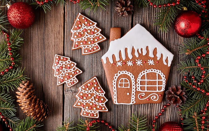 Merry Christmas!, deco, house, craciun, christmas, food, pine cone, sweet, dessert, cookies, tree, wood, HD wallpaper