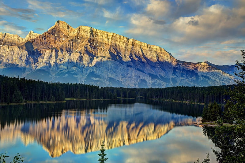 Two Jack Lake, Banff National Park, Alberta, mountains, reflections, clouds, landscape, canada, HD wallpaper