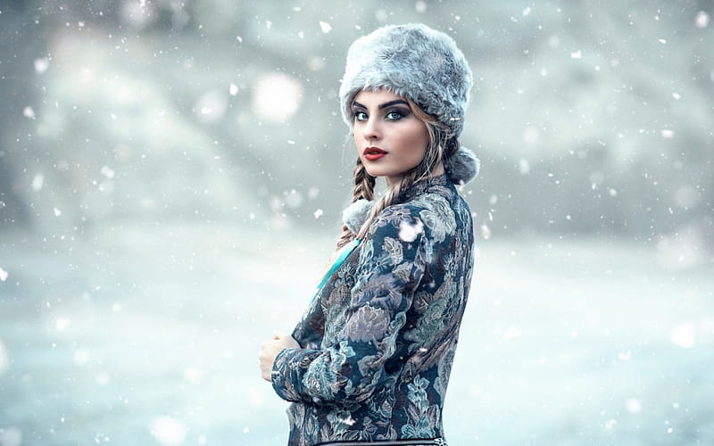 Beauty, alessandro di cicco, model, woman, winter, hat, girl, snow, fur, HD wallpaper